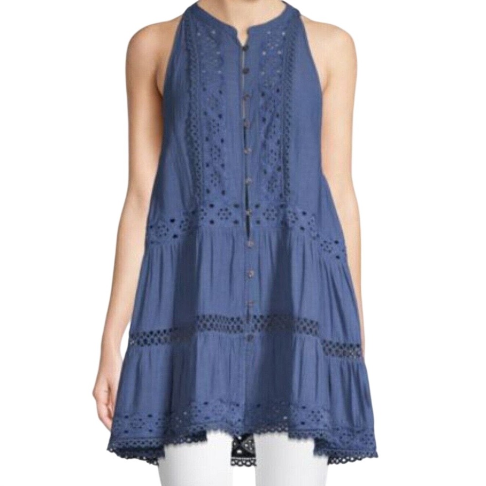 Free People Adelaide Blue Eyelet Trim Button Front Boho Beachy Tunic Womens XS